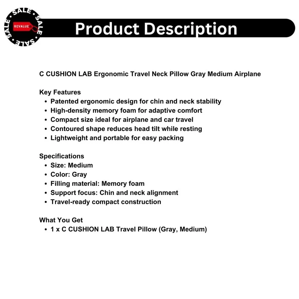 C CUSHION‎ LAB Ergonomic Travel Neck Pillow Gray Medium Airplane